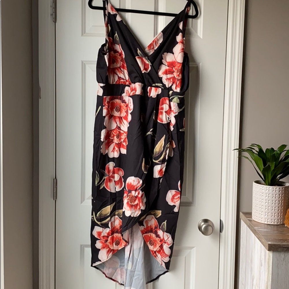 High-low Black Dress with Coral Flower Pattern